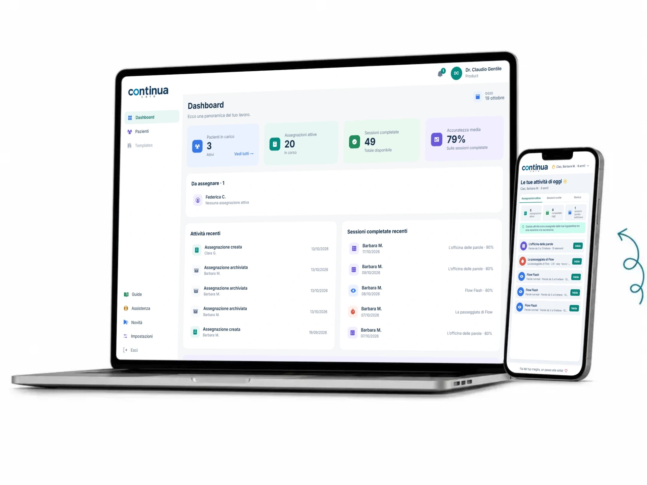 Dashboard del professionista su laptop e attività del paziente su smartphone in Continua Care.