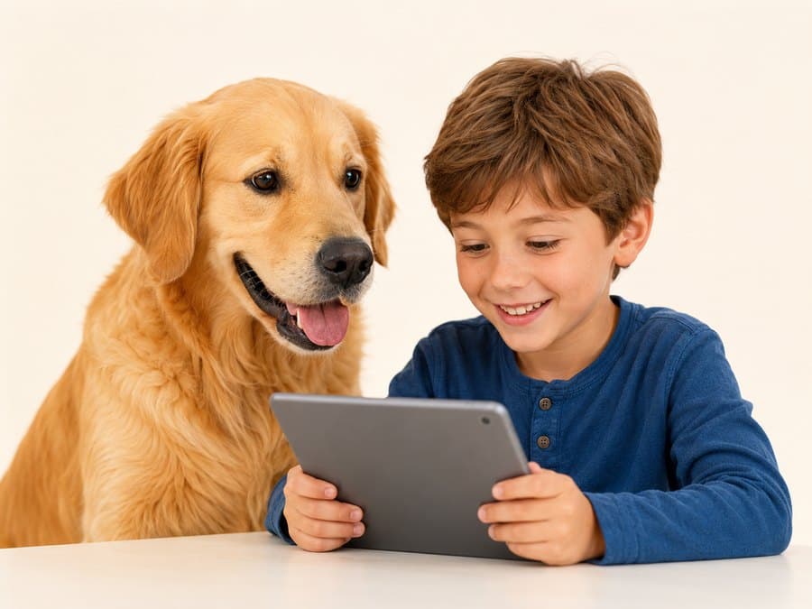 Immagine illustrativa di un bambino con un cane e un tablet.